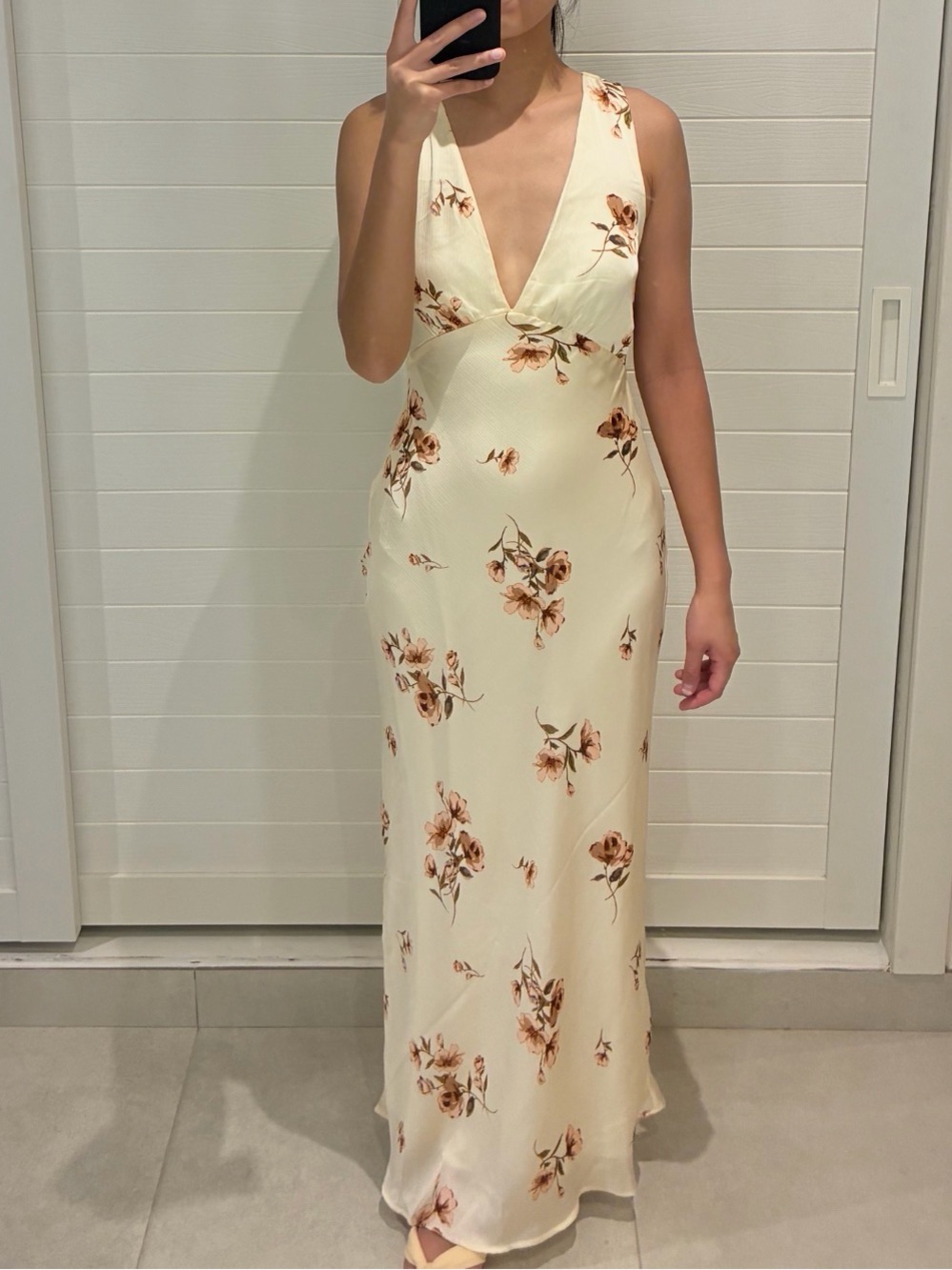 Satin Cream Floral V-Neck Maxi Dress